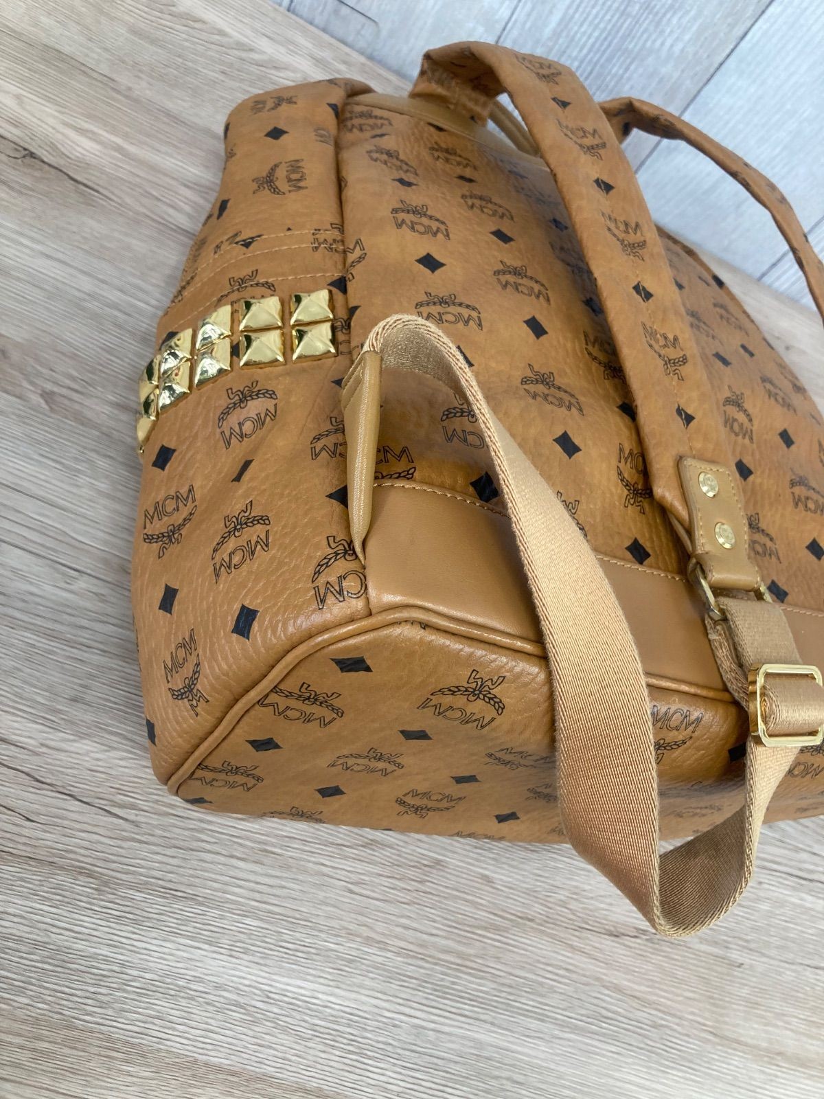 MCM Backpack Studded Visetos Pattern Leather Brown Gold Metal 40cm x 28cm x 15cm