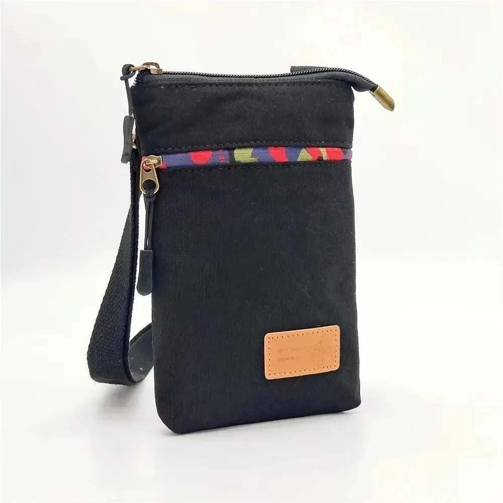 Solid Color Canvas 3 Layer Crossbody Cell Phone Bag Simple Cloth Women’s Bag Fas