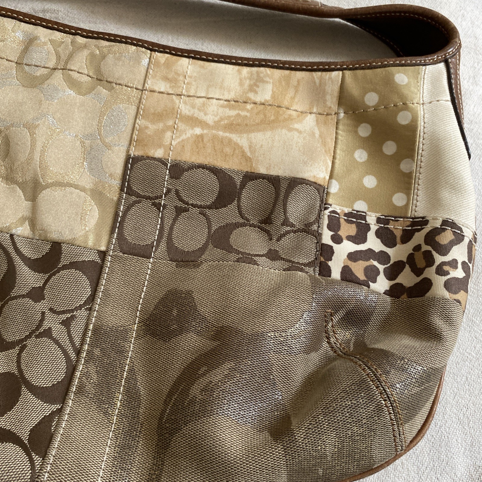 Coach Ergo Khaki Gold Browns Patchwork Medium Hobo Tiger Leopard & Classic “C”