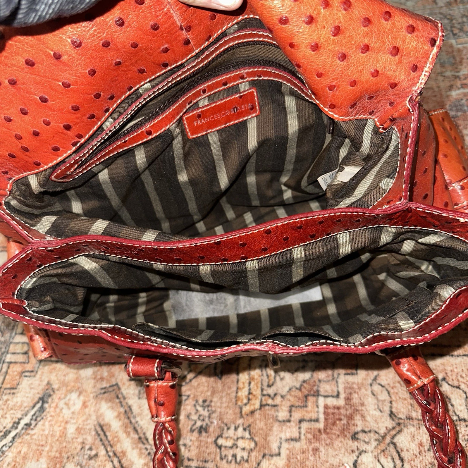 FRANCESCO BIASIA Secret Love Medium Satchel in Brown/Red Ostrich Print Leather