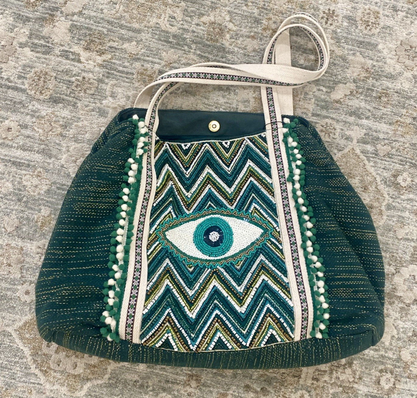 America & Beyond Green Beaded Evil Eye Tote Bag Gold Metallic Boho PomPom NWT