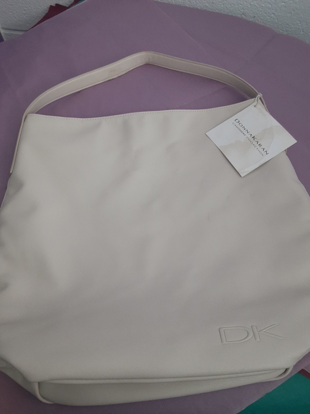 Donna Karan Cashmere Mist DK Logo Tote Bag Eggshell Light Cream Tote New w/ Tags