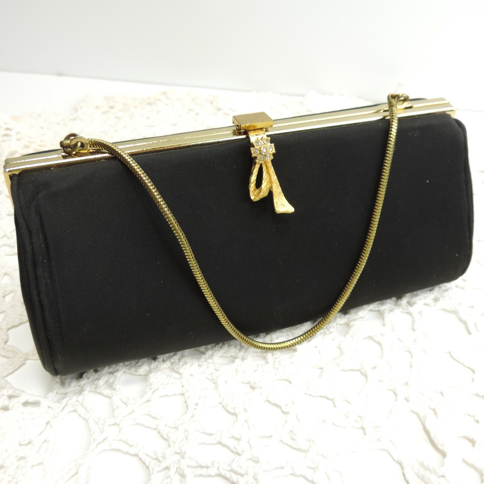 Vintage Black Gold Rhinestone Triangle Petite Small Evening Clutch Bag Strap