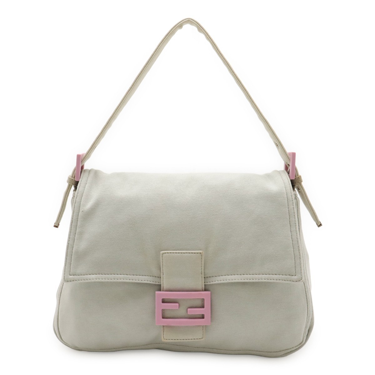 FENDI Mamma Baguette One Shoulder Bag Handbag Light Gray Pink Cotton Japan Auth