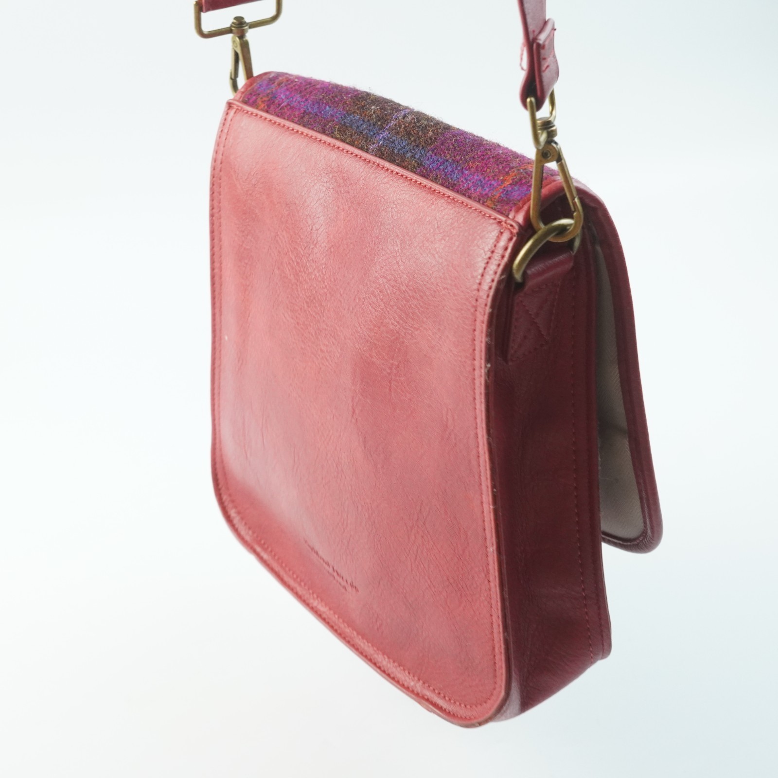 Islander Harris Tweed Saddle Bag Crossbody Fuchsia Red Plaid Tartan Wool Purse