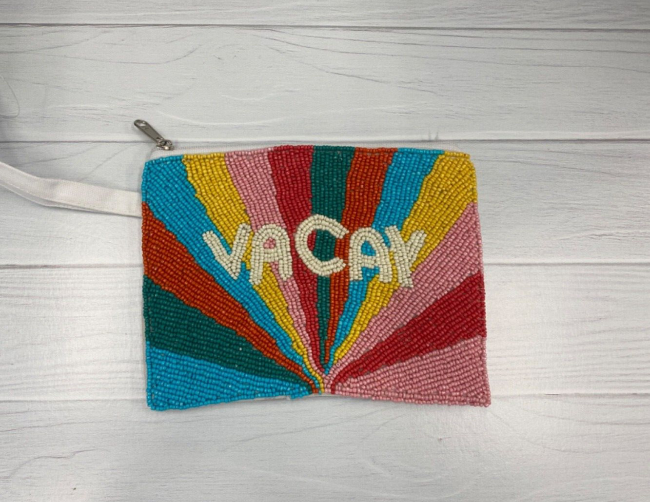 beaded Wristlet VACAY with rainbow background 5″ x 7″ zippered