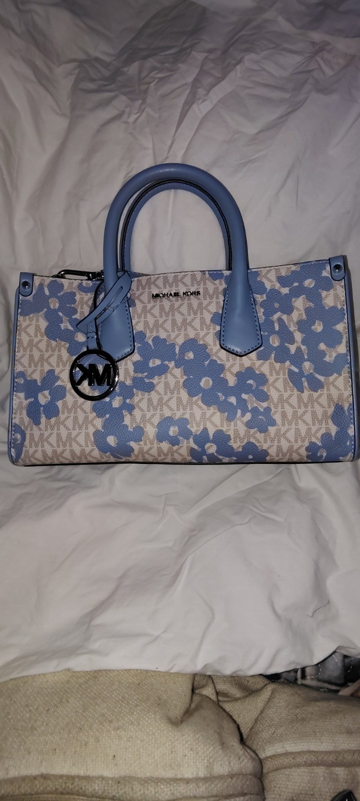 Michael Kors Monogram Satchel Top Handle Bag Blue/Beige Zip w Adjustable Strap