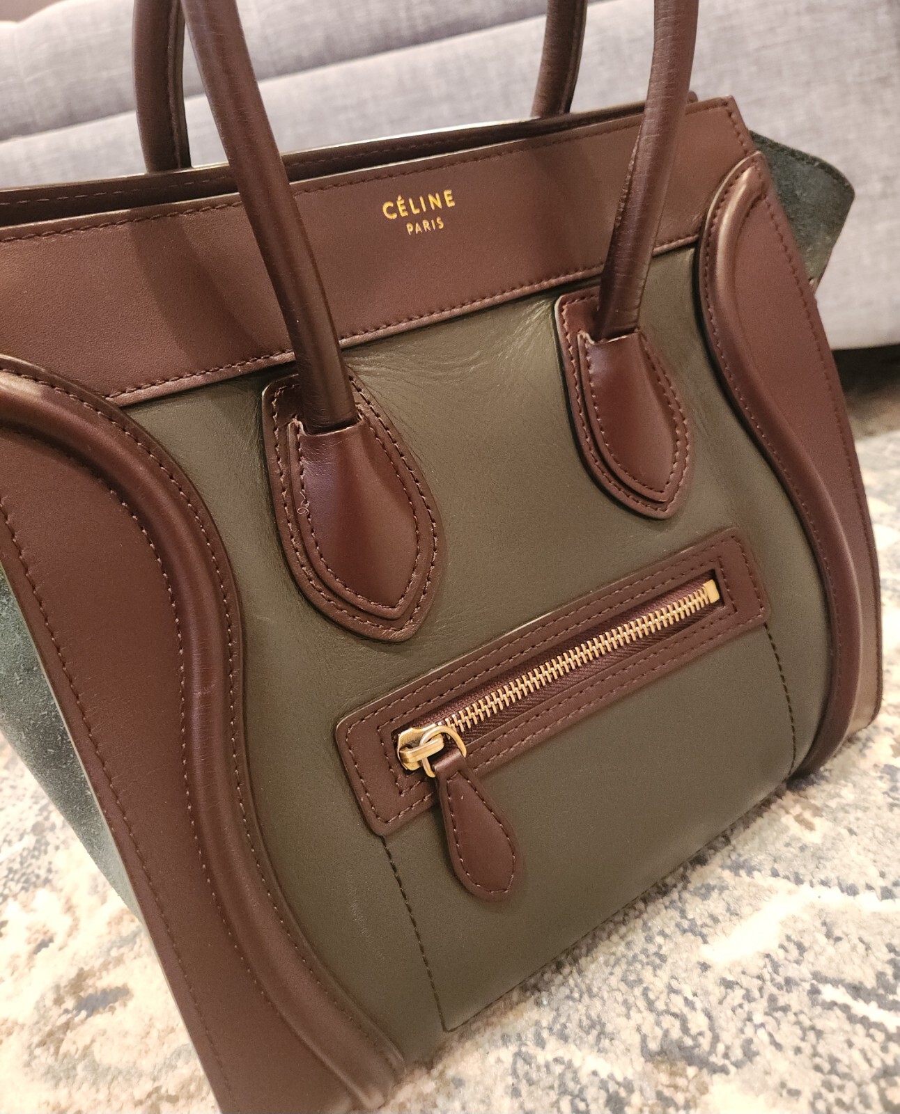 Celine Luggage Mini Shopper Handbag Forest Green Brown Drummed Calfskin Suede