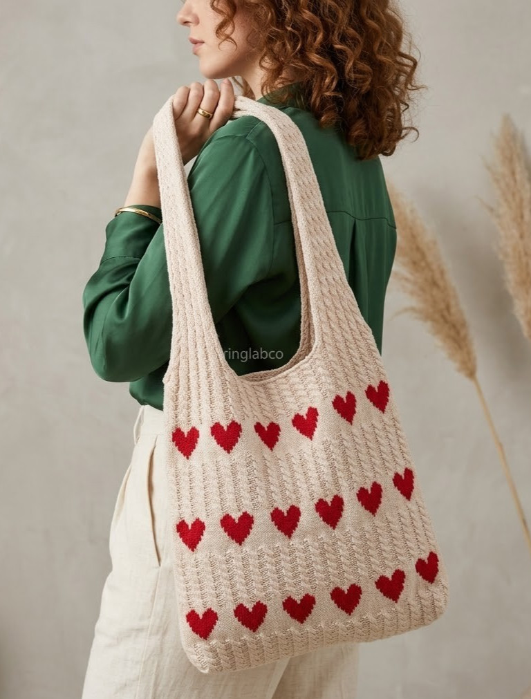 Handmade Knit Heart Pattern Tote Bag Crochet Cable Stitch Slouchy Shoulder Purse