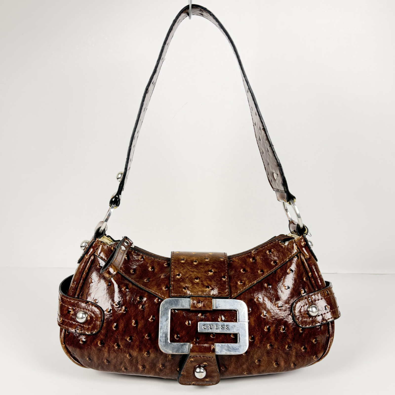 GUESS Y2K Brown Ostrich Embossed Faux Leather Shoulder Bag Baguette G Logo