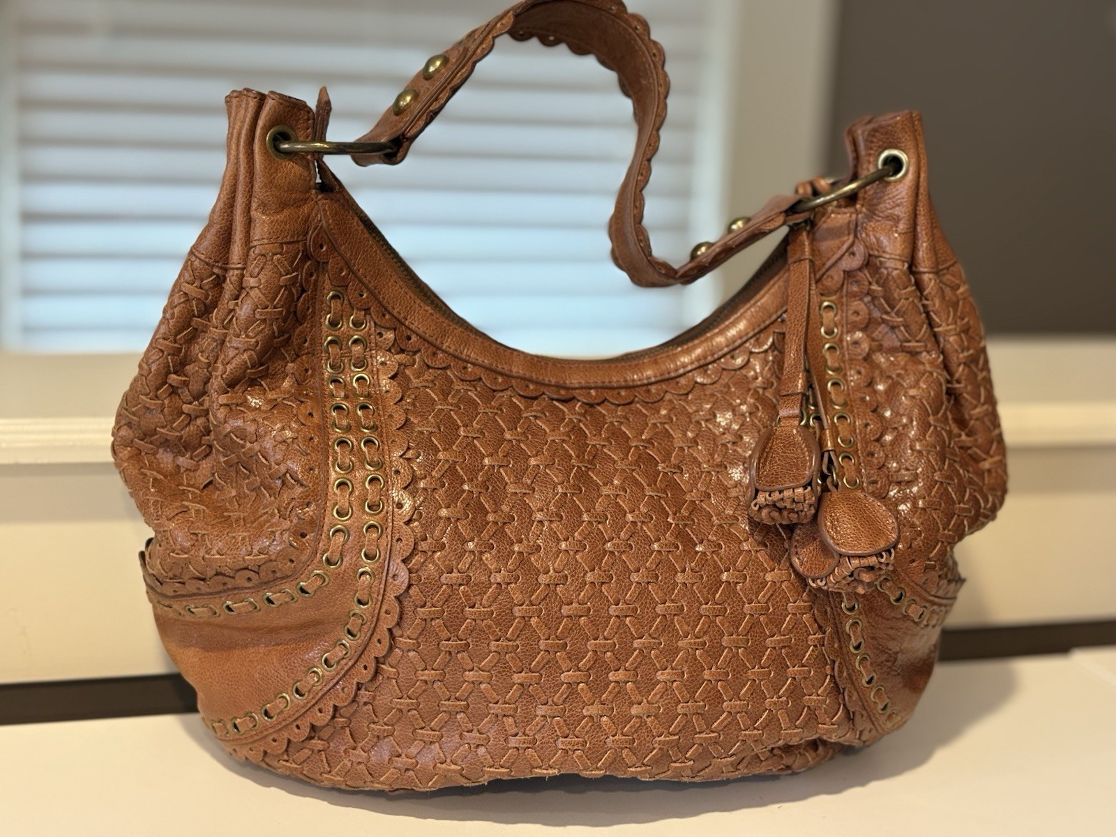 Isabella Fiore Brown Leather Gold Studs Large Hobo Shoulder Bag w/BIG Tassels