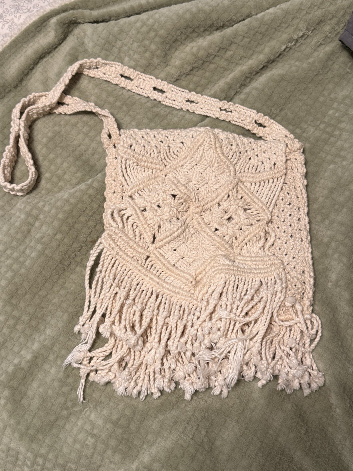 Handmade Boho Crochet Crossbody Bag Cream Fringe Cotton Hippie Festival Purse