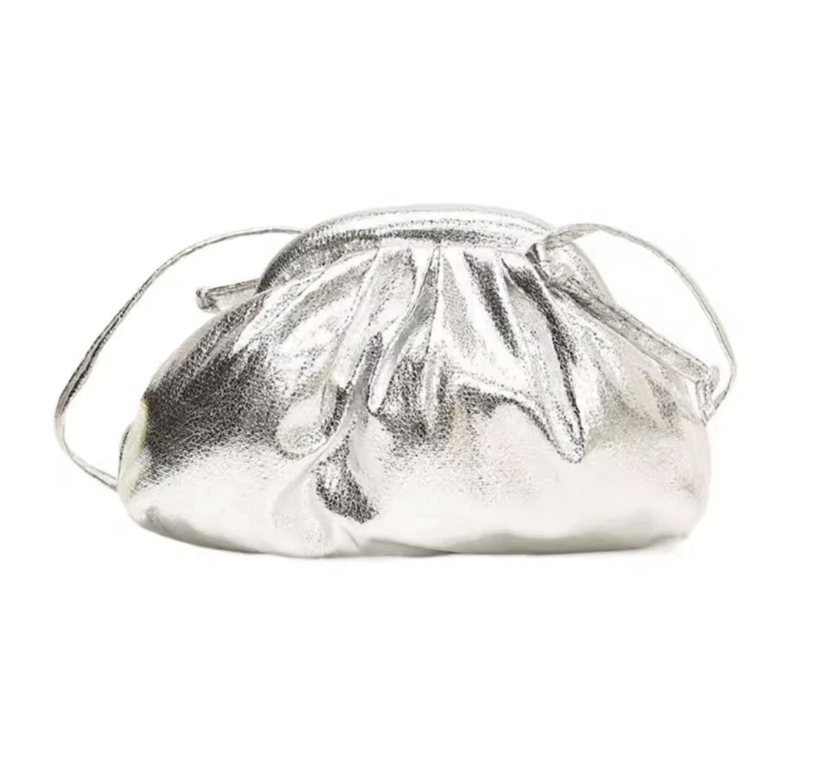 Silver Metallic Ruched Cloud Pouch Handbag | Evening Party Purse | New