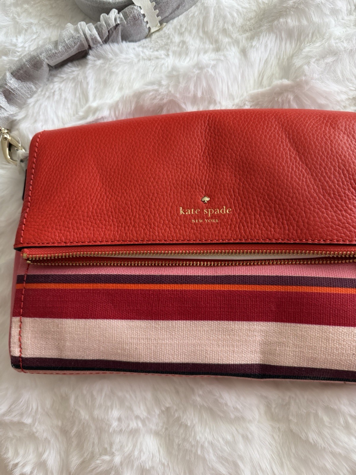 Kate Spade New York Red Striped Pebbled Zip Crossbody Bag Gold Hardware