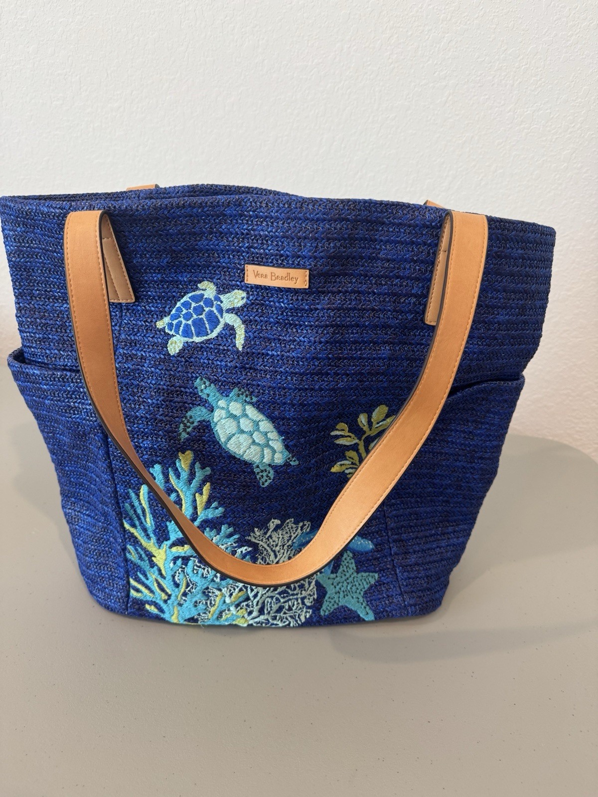Vera Bradley Straw Beach Tote Classic Navy with Embroidered Sea and Turtle Motif