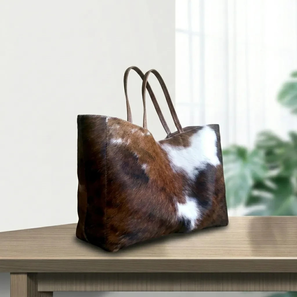 Cowhide Leather Tote Bag, Brown White Cow Print Purse, Shoulder Bag, Women