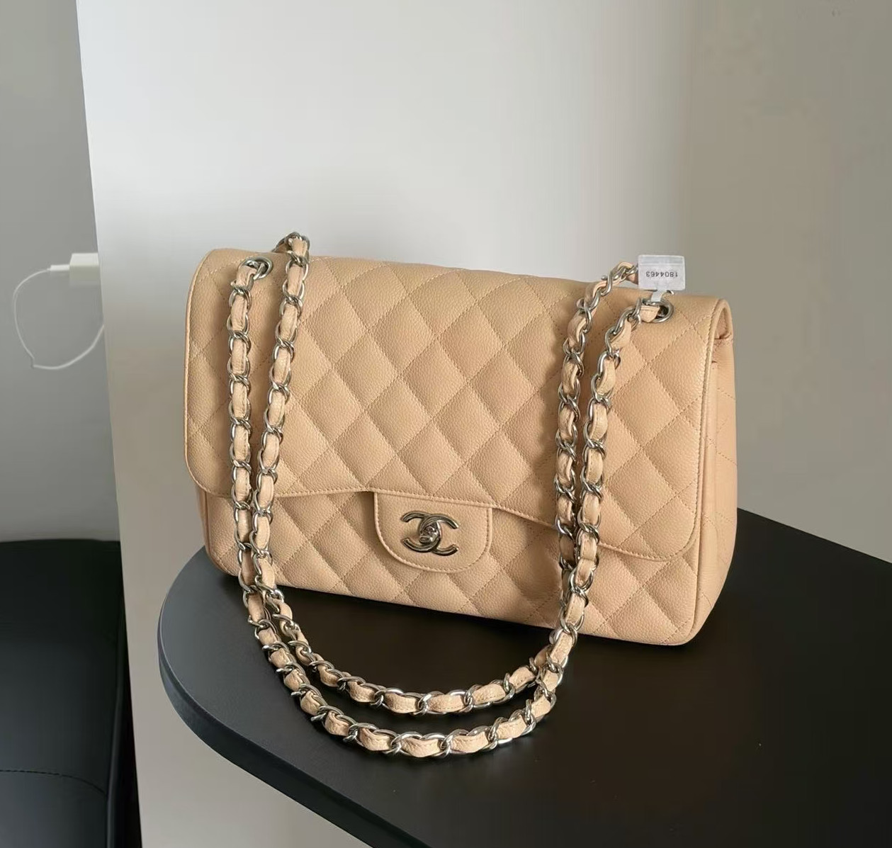 Auth Chanel Classic Flap Beige Caviar Leather Silver Hardware Crossbody Bag