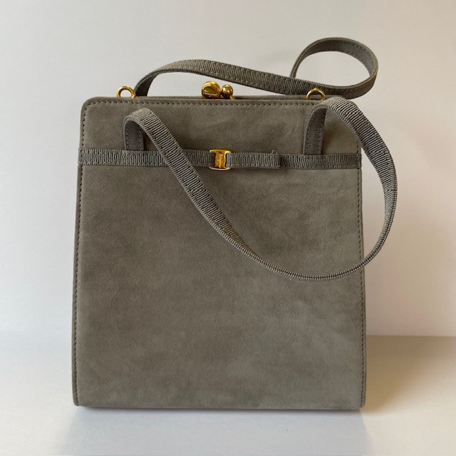 Authentic Salvatore Ferragamo Vara Bow Mini Handbag Q216187 Gray Suede, Handle