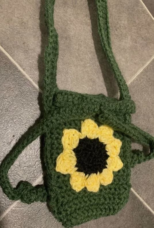 Handmade Crochet Green And Yellow Sunflower Drawstring Purse For Women