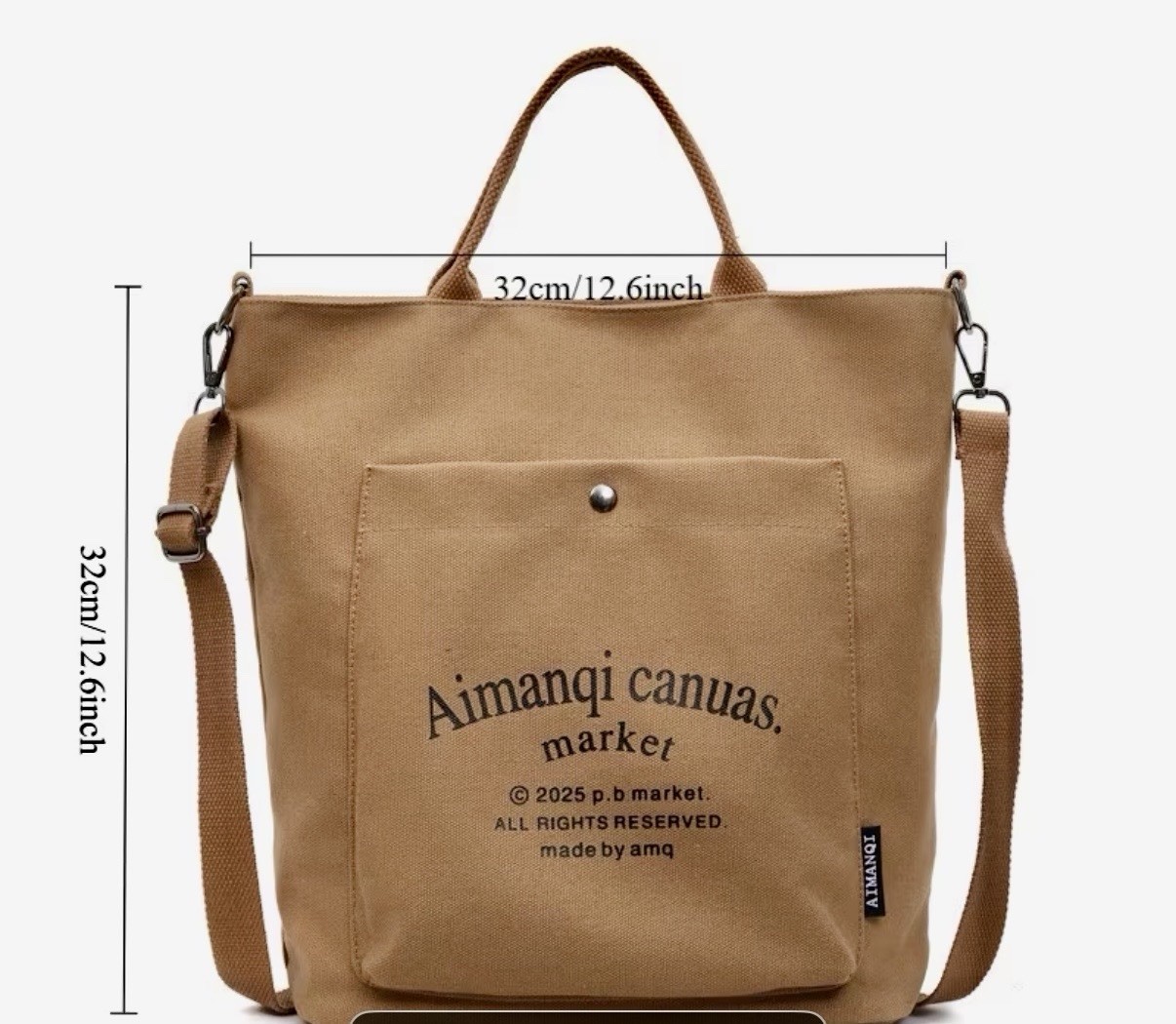 AIMANQI Thick Square Canvas Tote/Crossbody Khaki Bag w/Top Snap Closure