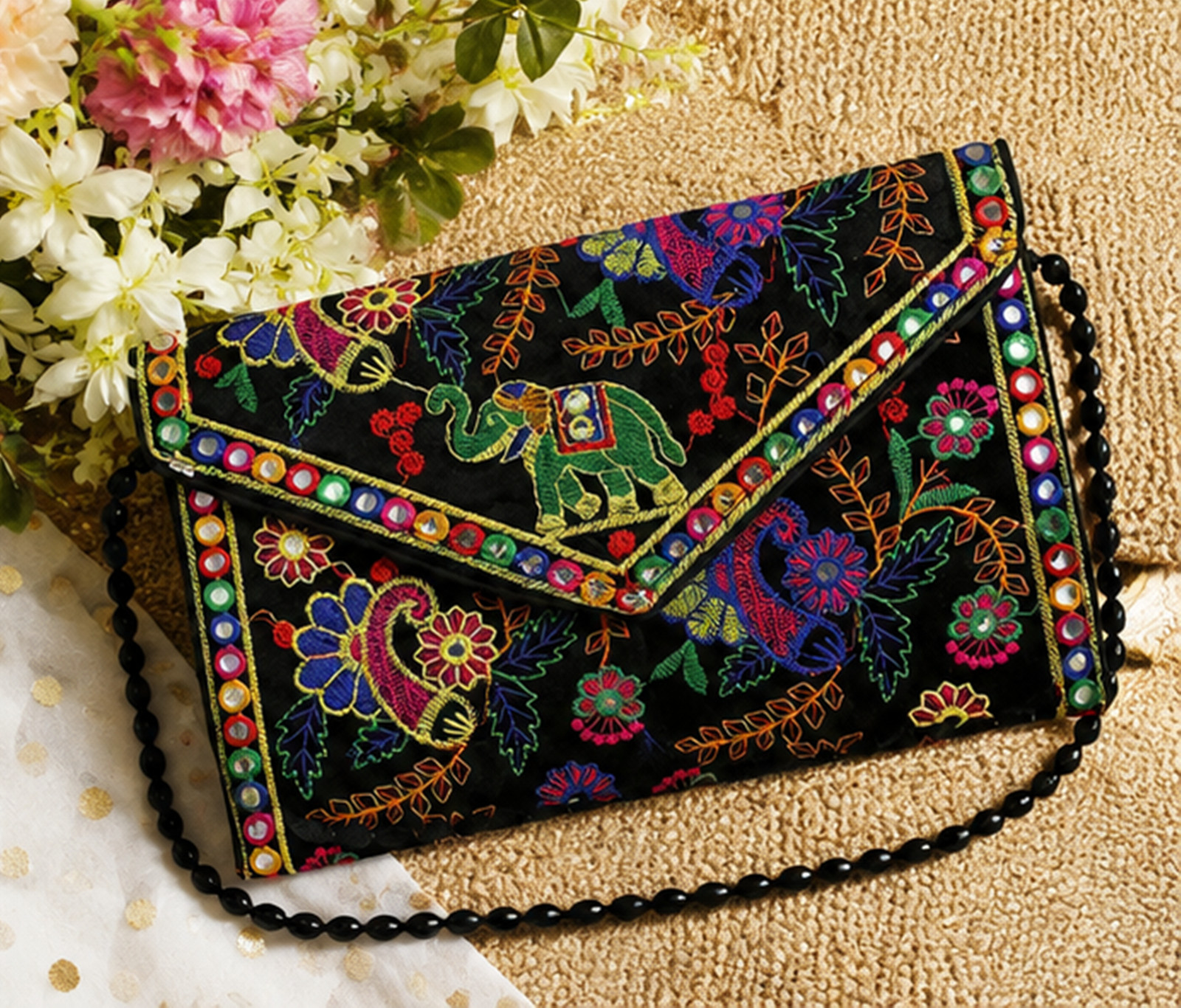 Elephant Embroidered Clutch Bag, Handmade Indian Ethnic Envelope Purse