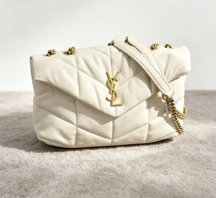 Saint Laurent Loulou Puffer Mini White Leather GHW Chain Crossbody Bag Auth