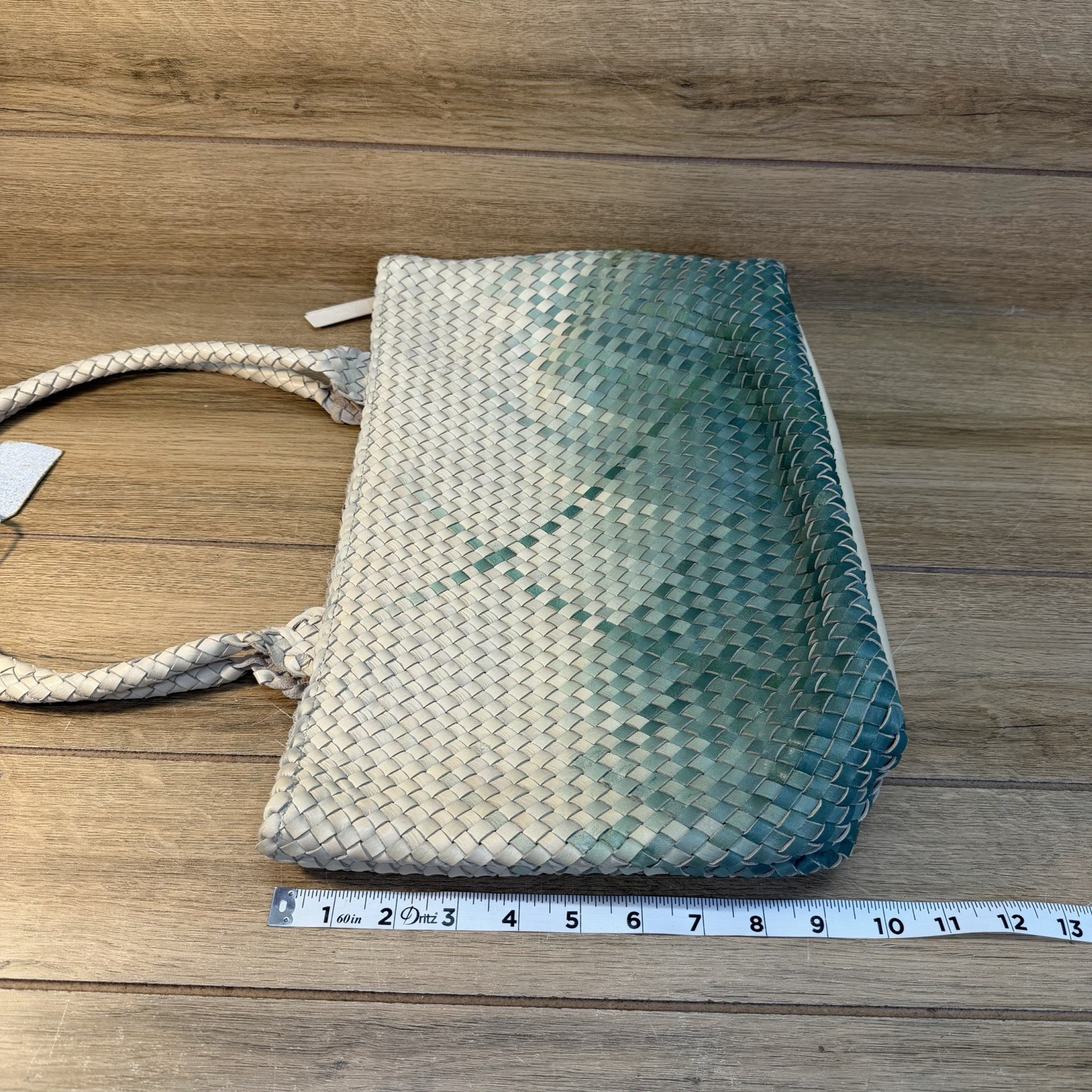 Artisans India Handcrafted Ombré Woven Leather Shoulder Tote Bag Teal Cream NWT