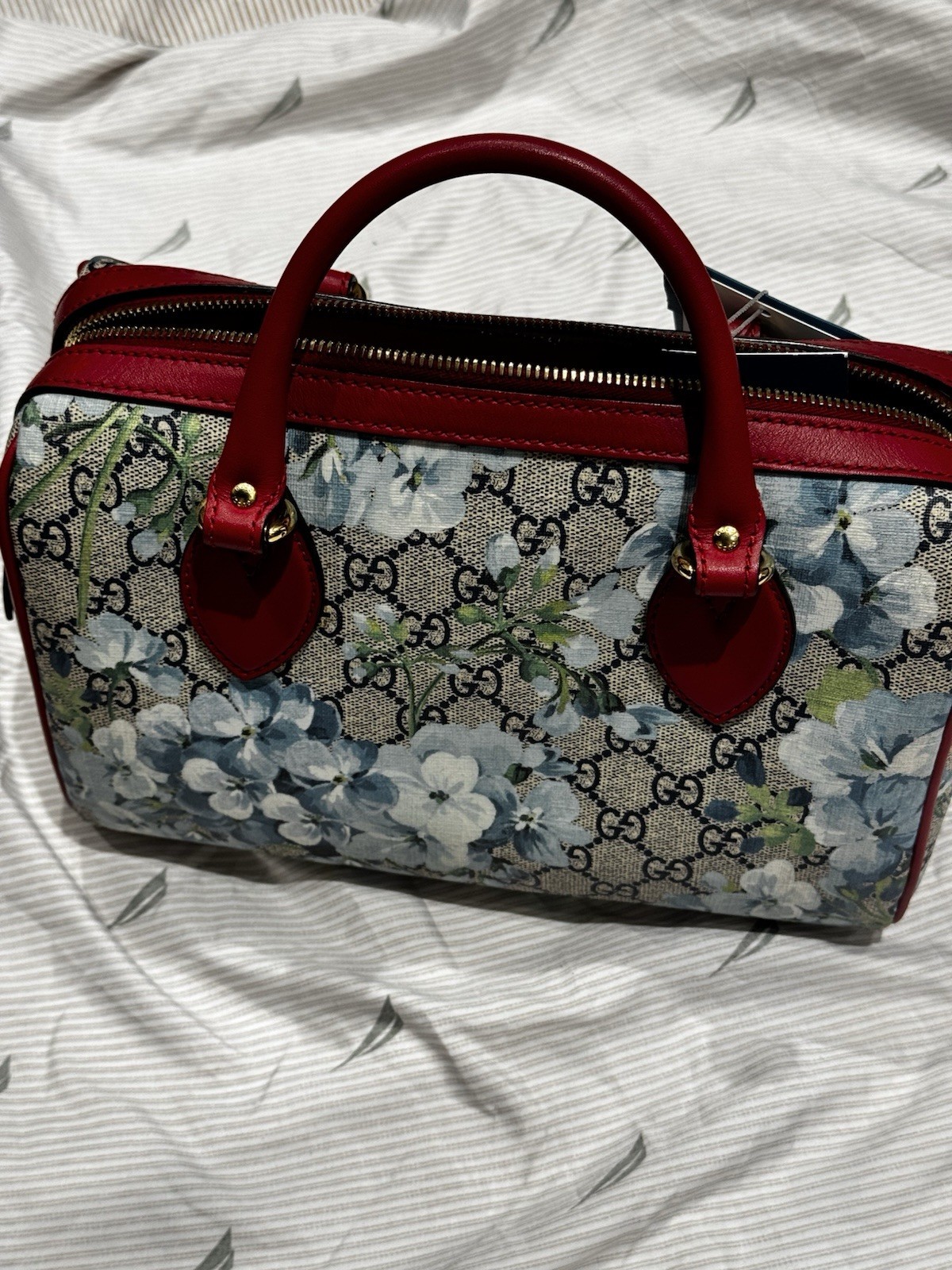 Gucci GG Blooms Floral Satchel Top Handle Zip Red Trim Detach Strap Gold