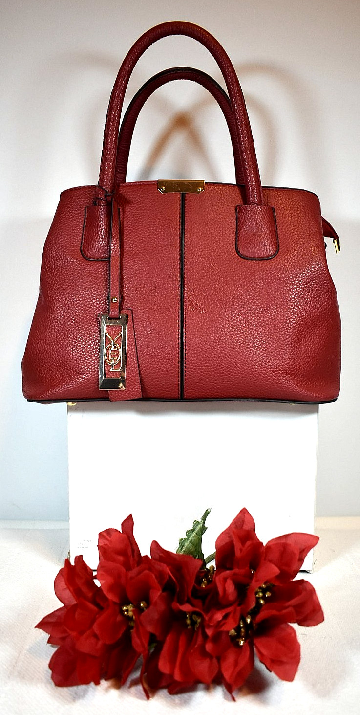 Elegant Crimson Handbag, Purse, Tote w/Dark Gray Piping, Zip Closures & Pockets