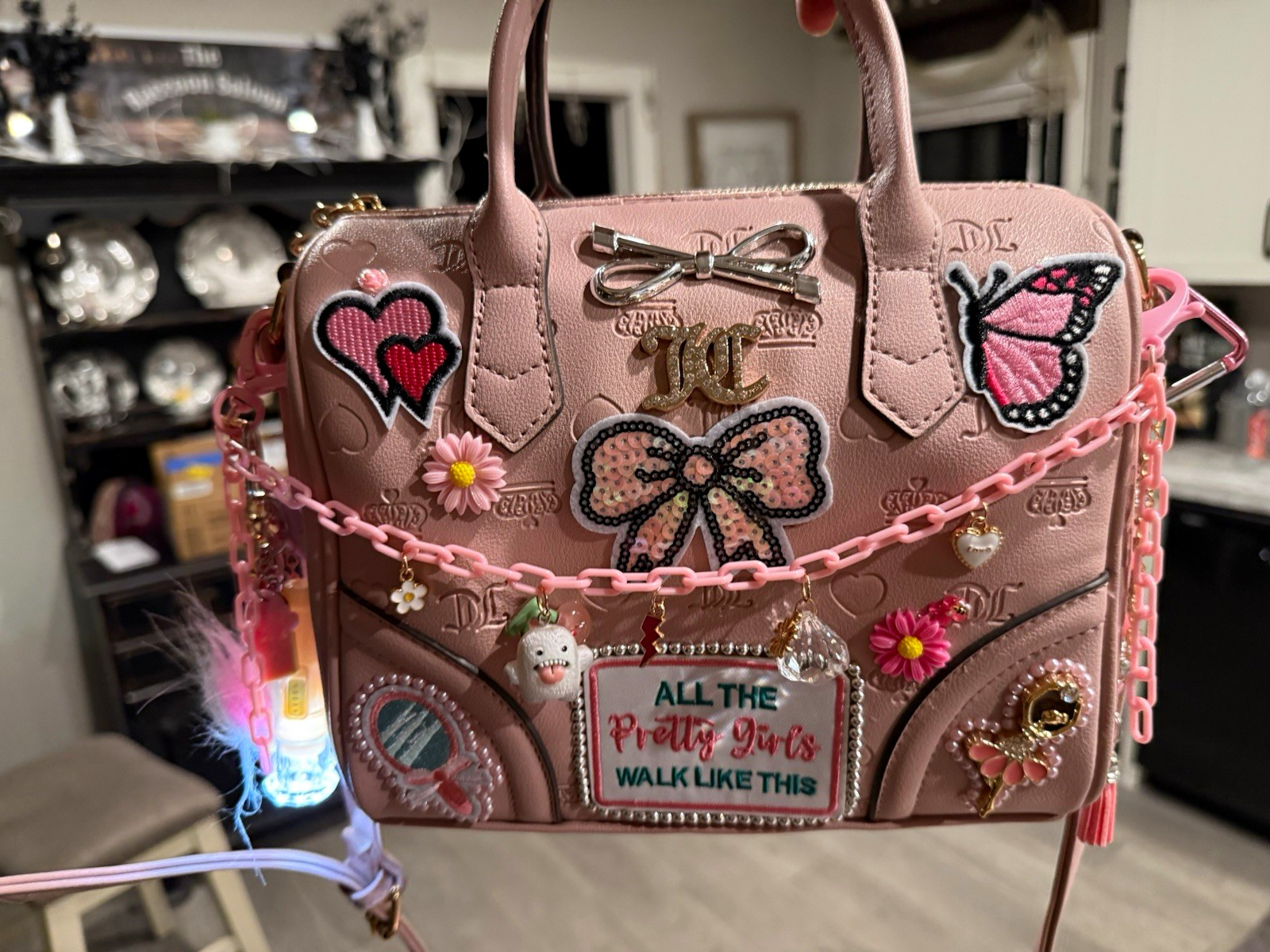 Juicy Couture Pink Logo Satchel Top Handle Zip Bag Strap Junk Purse