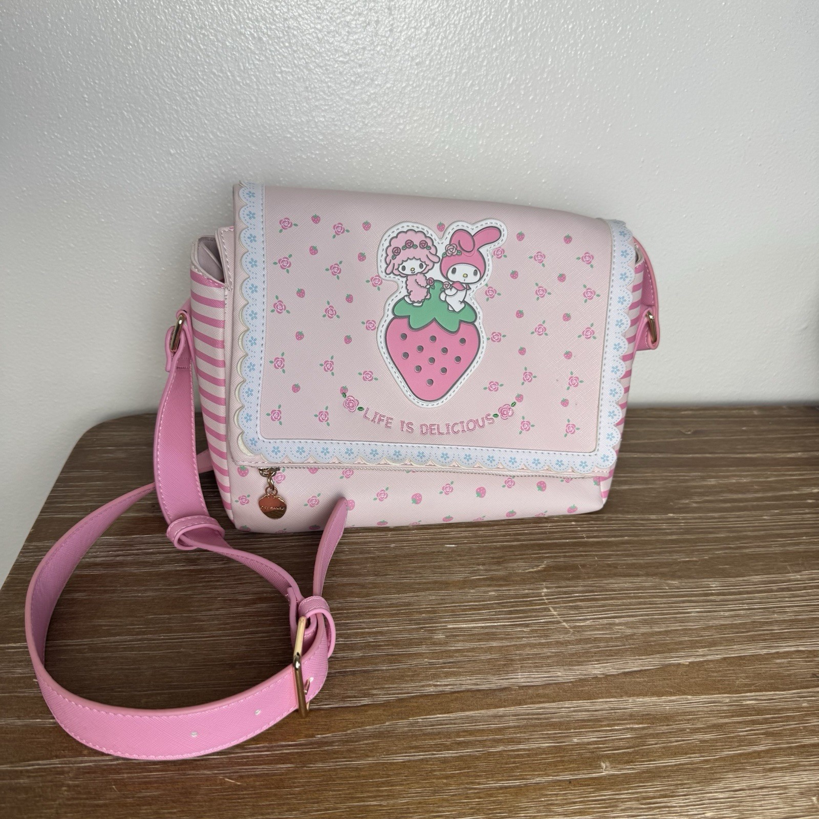 Sanrio Pink Stripes My Melody & My Sweet Piano Strawberry Crossbody Bag Message