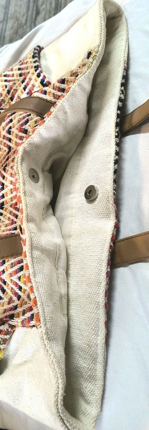 Boho Aztec Woven Tote Bag Chevron Rainbow Handmade Snap Close W Side Pockets Lg