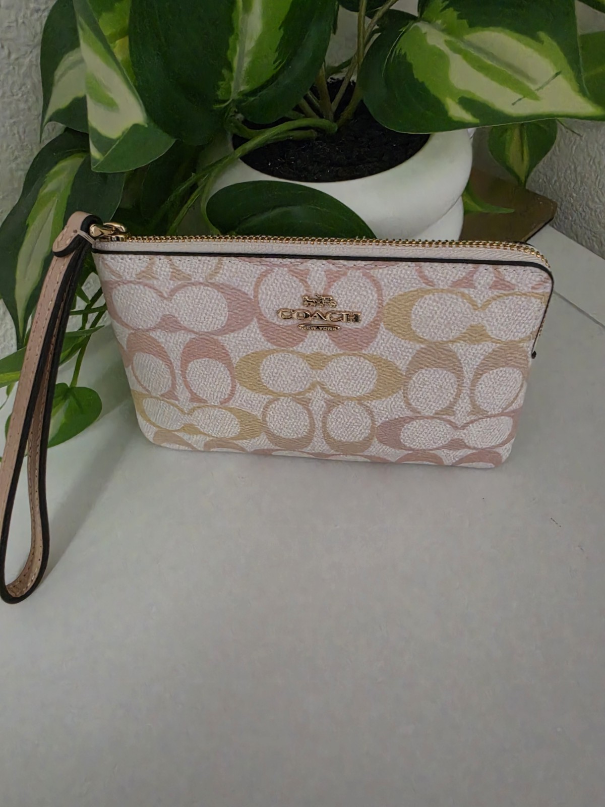 Coach Signature Logo City Tote Bag Set Wristlet Pouch Scarf In Chalk Pink Gold