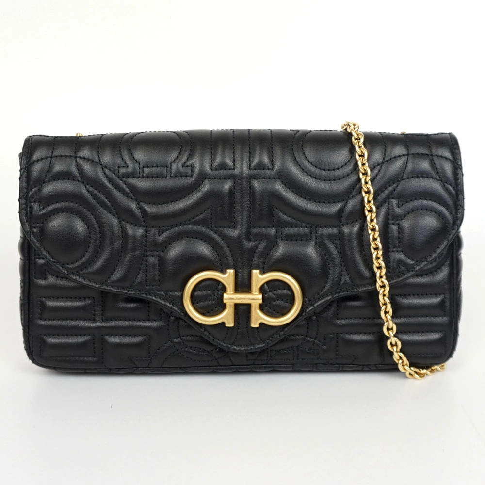 Salvatore Ferragamo Gancini Chain Bag Black Gold Hardware Shoulder Bag Crossbody