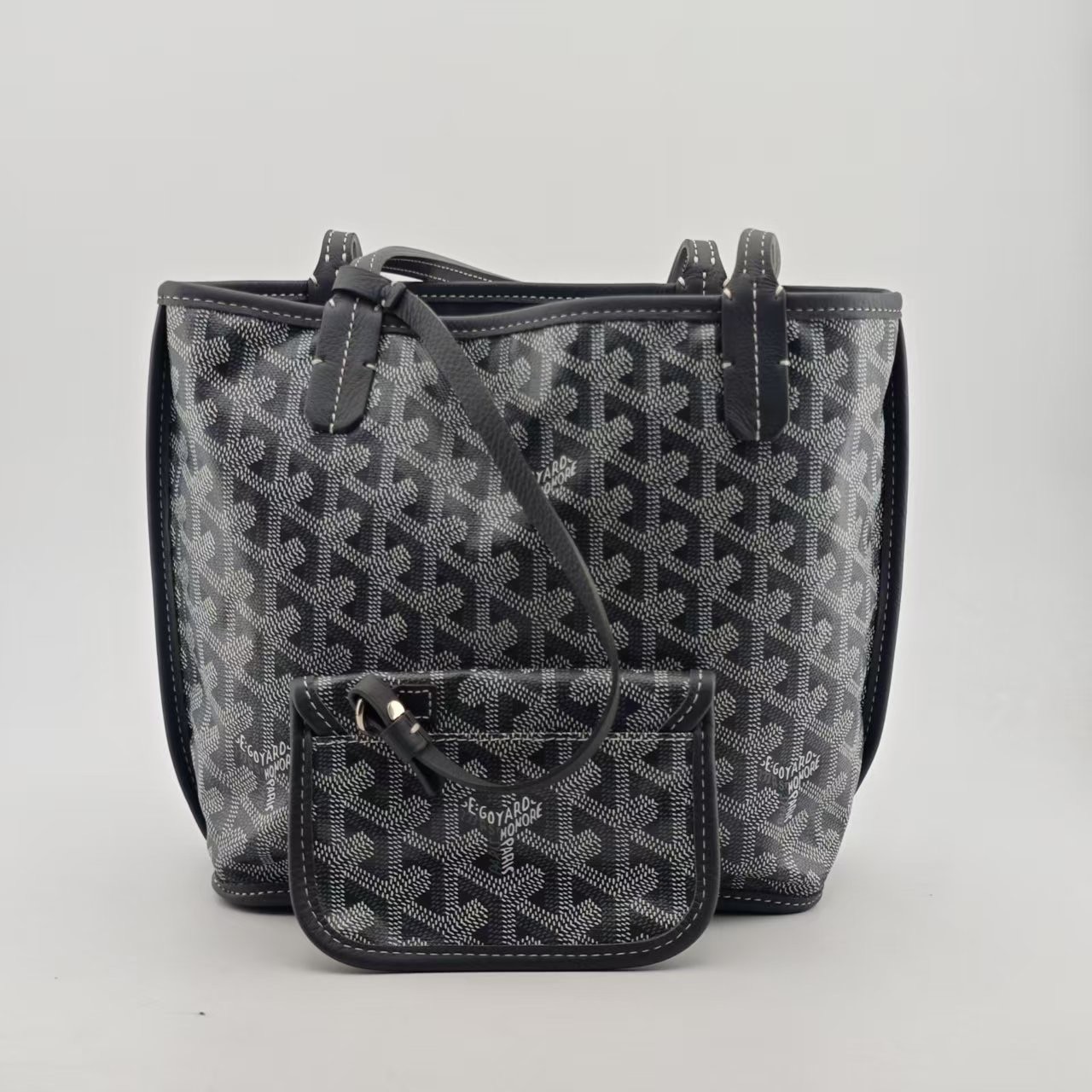 Goyard Anjou Grey Goyardine Canvas Tote Shoulder Bag With Matching Pouch