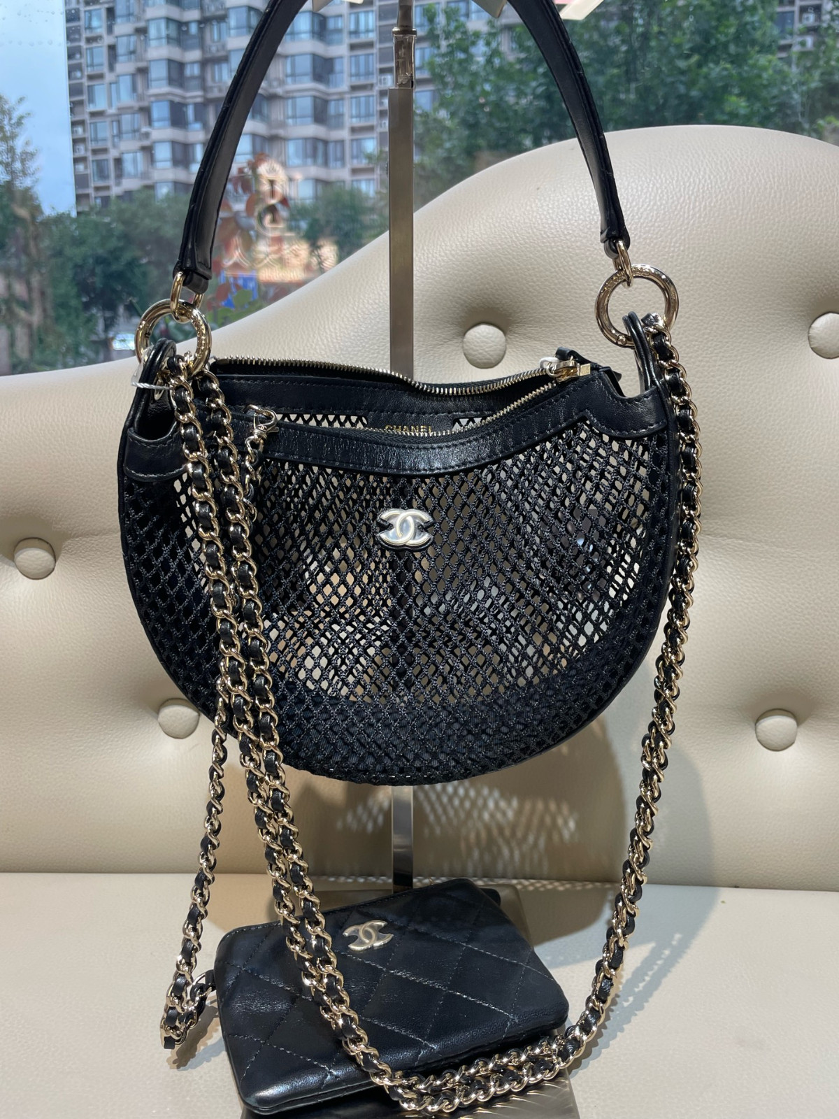 Chanel Chain Clutch, Glossy Tulle Mesh Lambskin Leather (15 × 22 × 6) cm