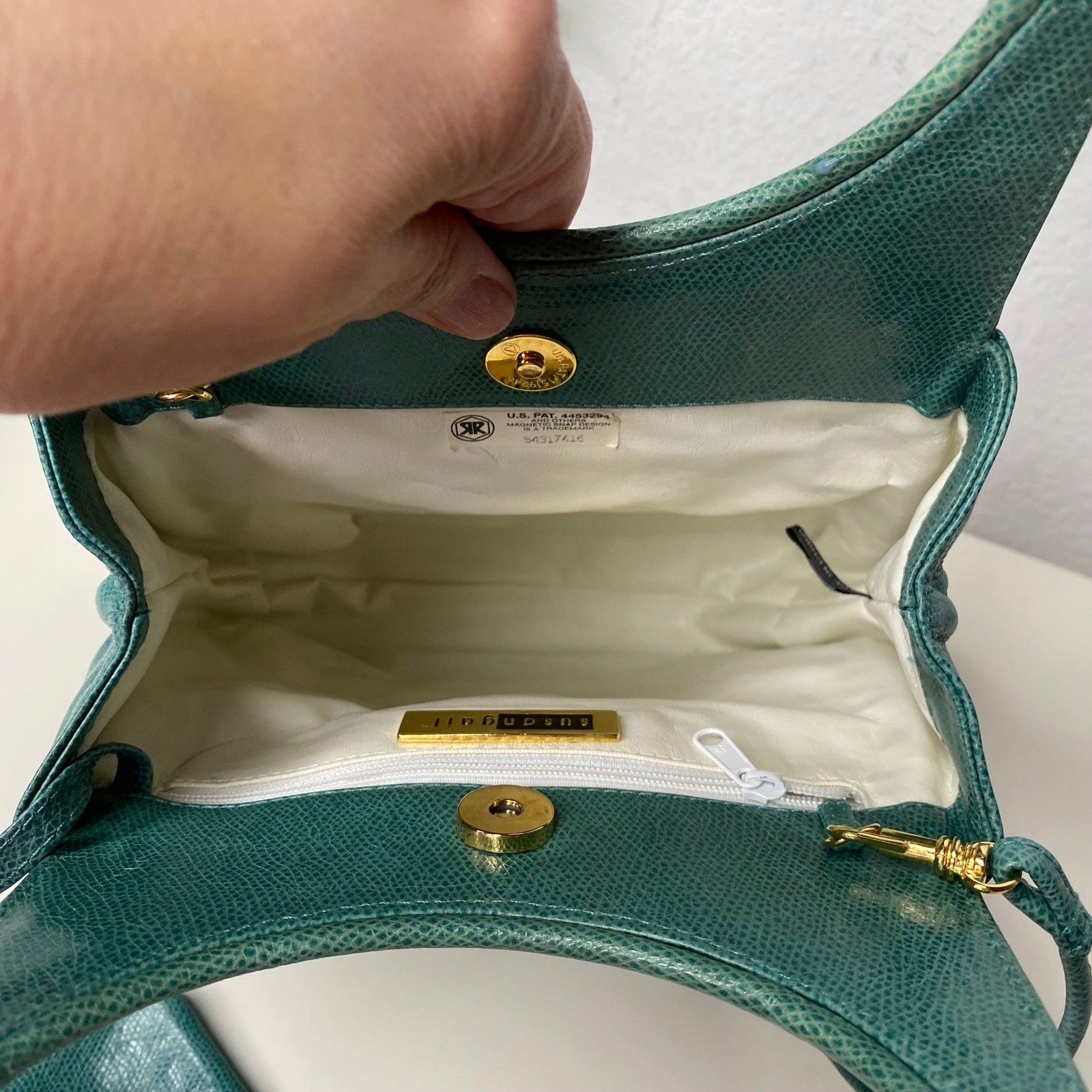 VTG Susan Gail Teal Textured Leather Ring Handle Shoulder Bag & Matching Pouch