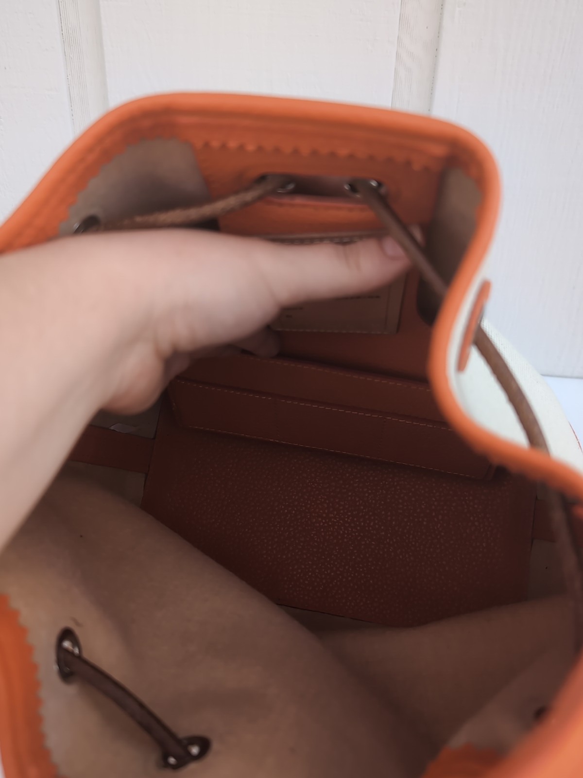 Oncour French Leather Drawstring Bucket Bag Beige Orange