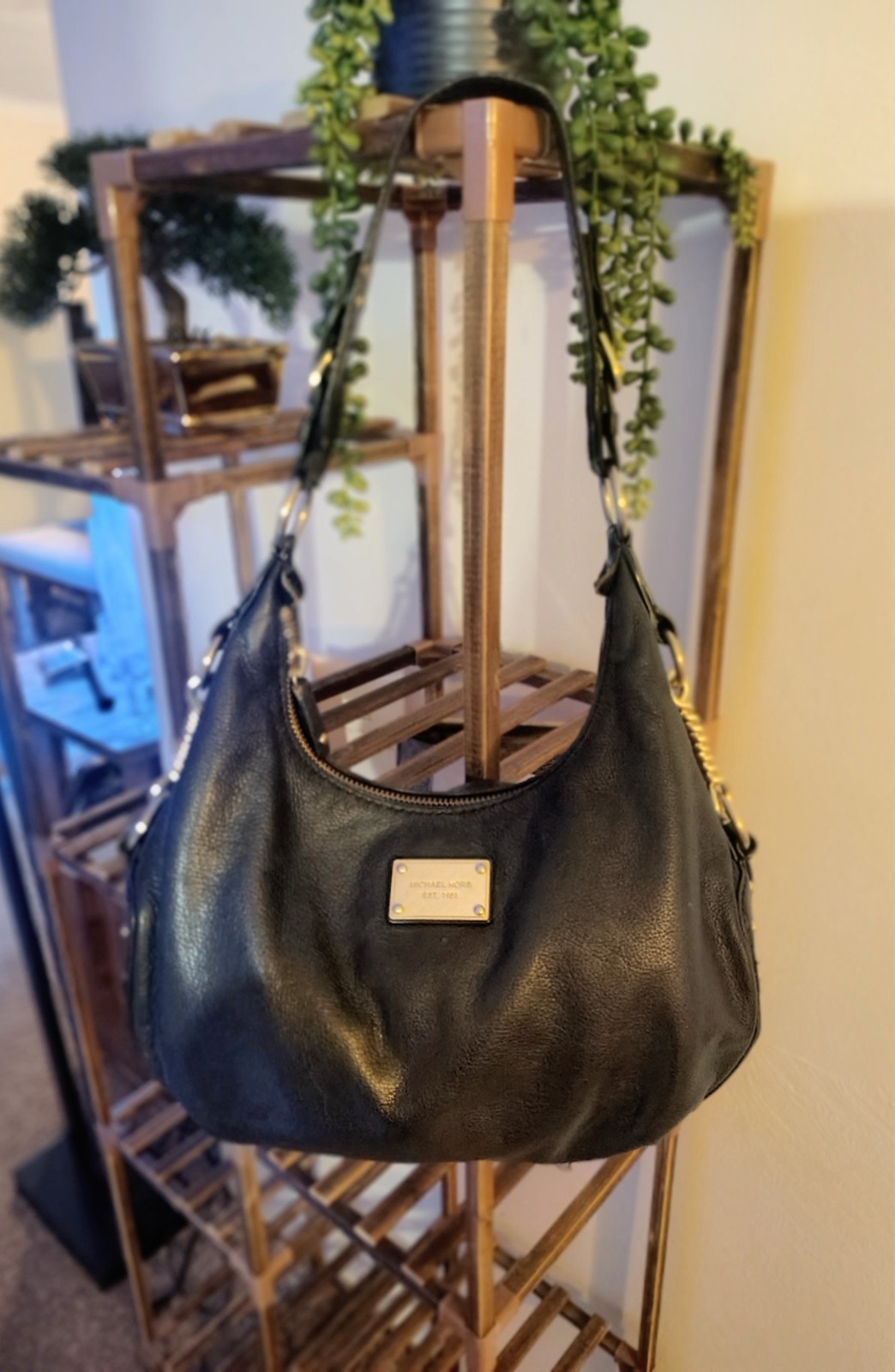 Vintage Michael Kors black pebbled leather hobo bag, gold chain link details