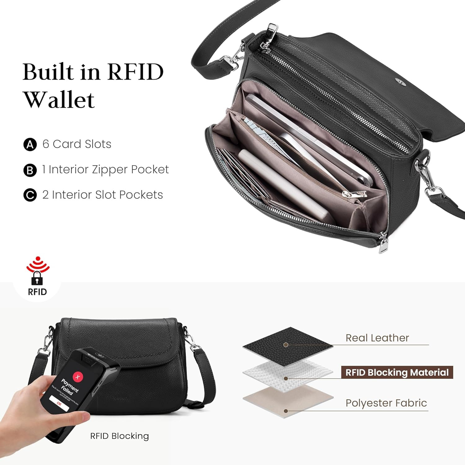 Genuine Leather Crossbody Bags for Women with Built in RFID Wallet Medium Womens