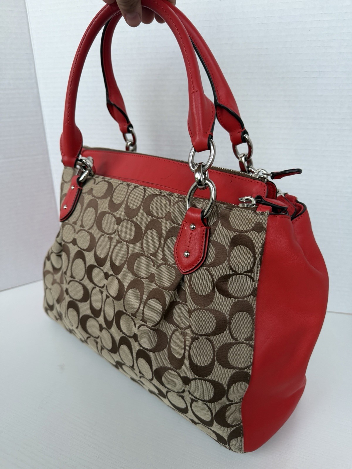 Coach Signature Logo Satchel Top Handle Bag Zip Closure Detachable Strap Red