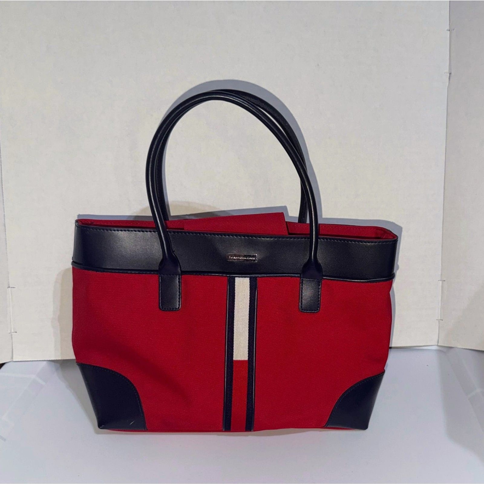 Tommy Hilfiger Large Tote Bag Red Canvas Navy Leather Trim Signature Stripe Logo