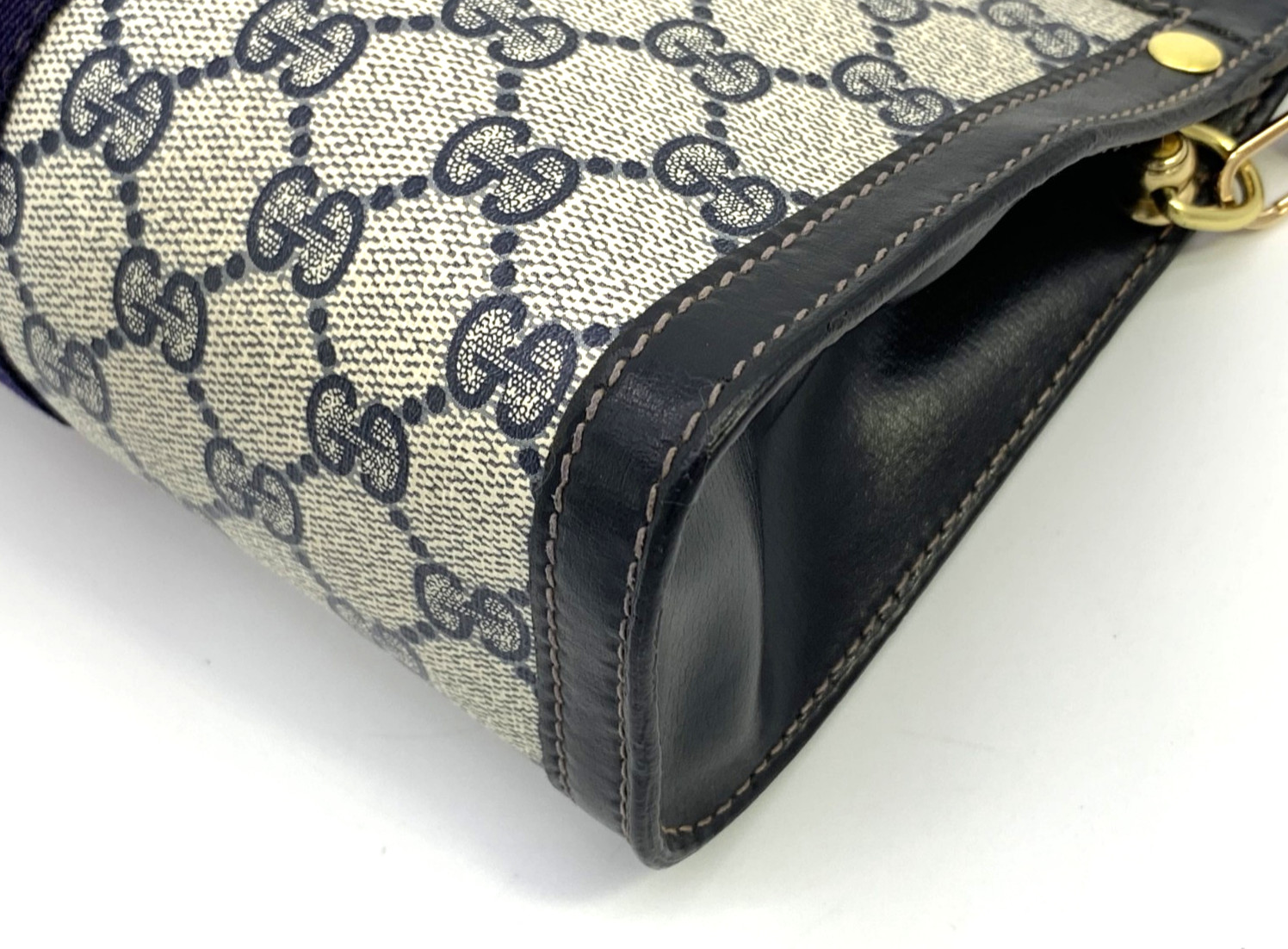 GUCCI VINTAGE GG Supreme Shoulder Bag Chain Strap Sherry Navy Classic Authentic