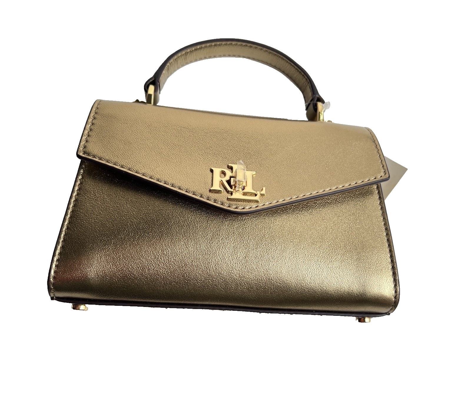RALPH LAUREN Farrah Small Leather Top-Handle/Crossbody Satchel Antique Gold $325