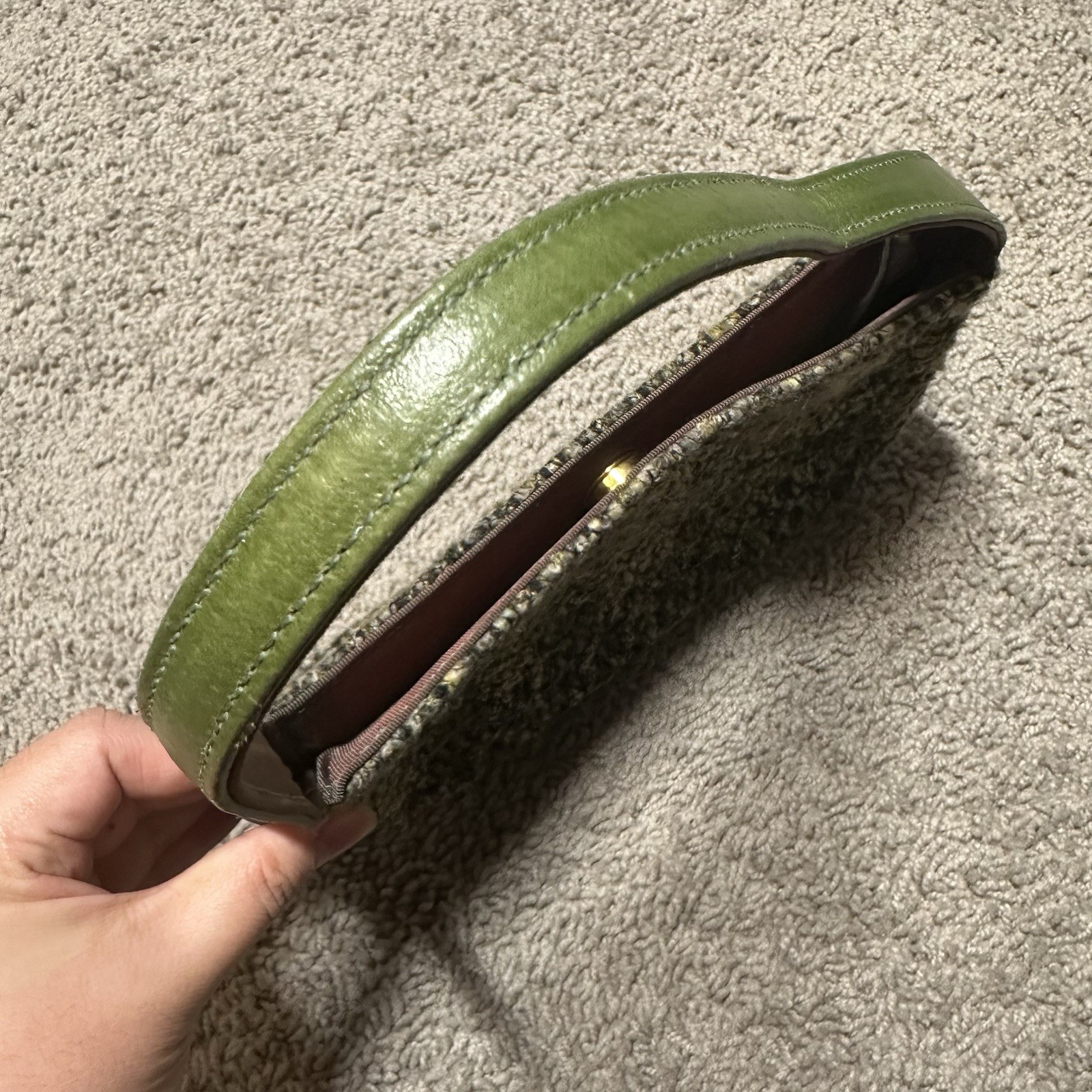 Rare Vintage Y2K Sarah Shaw Green Leather Boucle Tweed Mini Top Handle Purse Bag