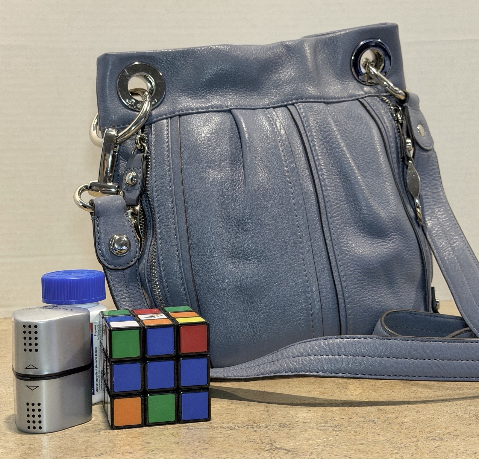 B Makowsky Pebbled Leather Crossbody Shoulder Bag Blue Slate Gray Silver Accent