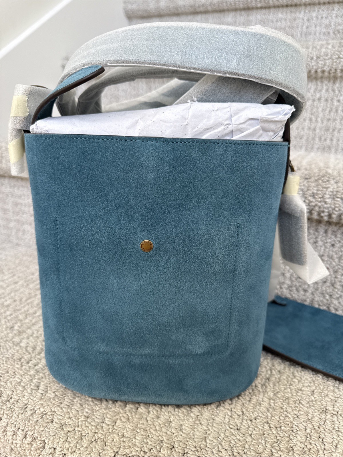 NWT COACH Sealed Bleecker Bucket Bag 21 X-body Brass/Sea Blue Suede CCW84 +Pouch