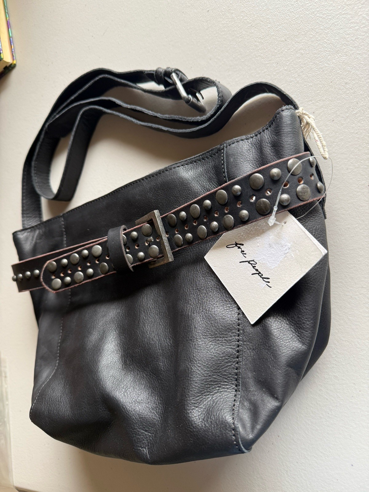 Free People Studded Leather Bucket Crossbody Bag Black Boho Whimsigoth Festival