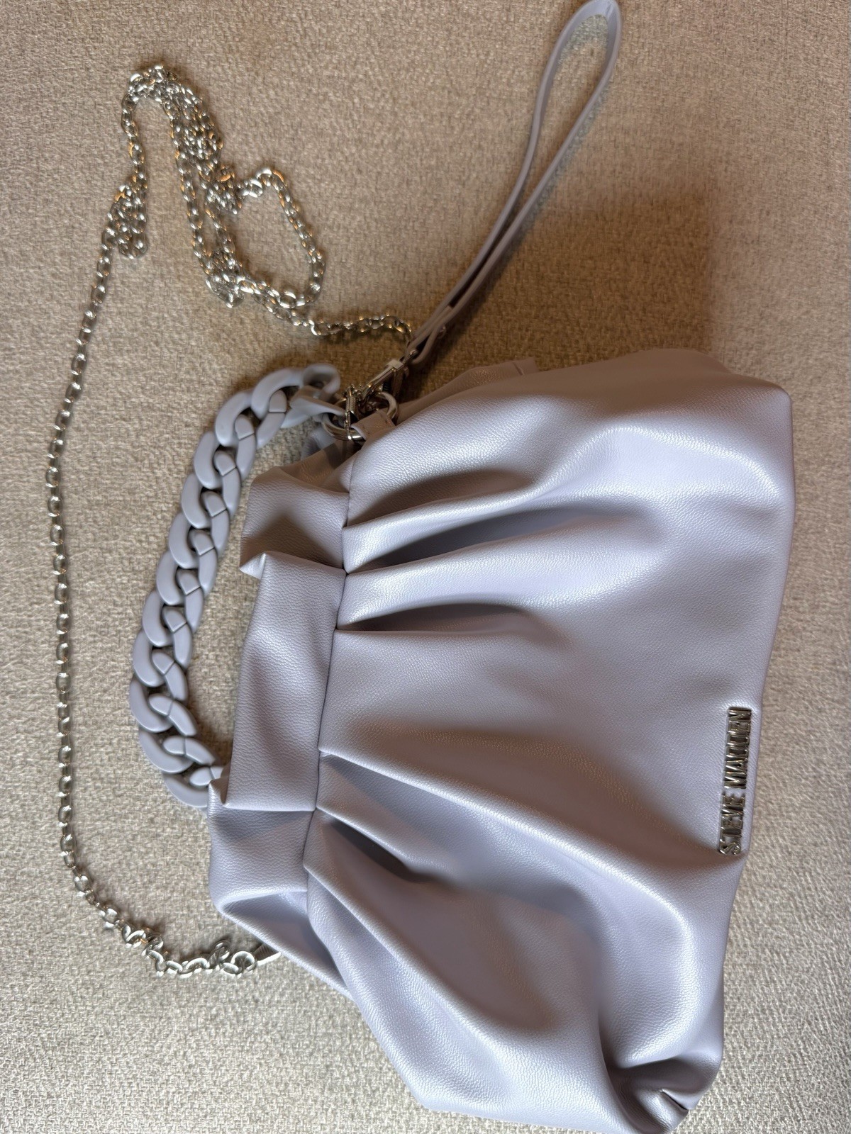 Steve Madden Gray Ruched Clutch, Detachable Chain Wrist Strap, Hinged, Lined