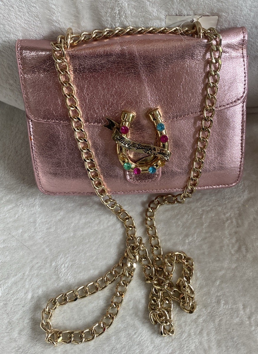 NWT Betsy Johnston Pink Gem-Embellished HORSESHOE Crossbody Bag with Chain Strap